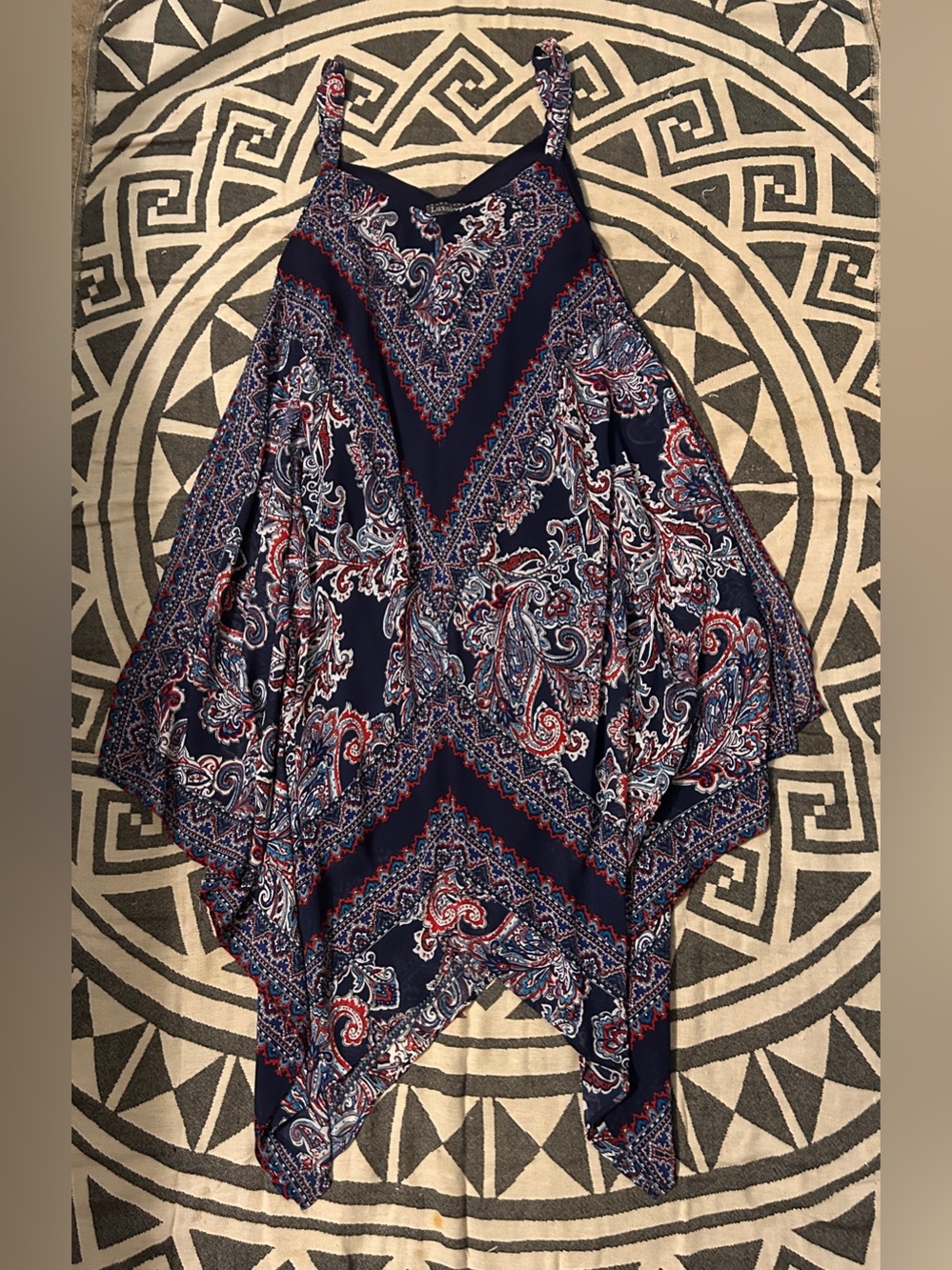 Luxology Navy Paisley V-Neck Dress with Red and Blue Accents